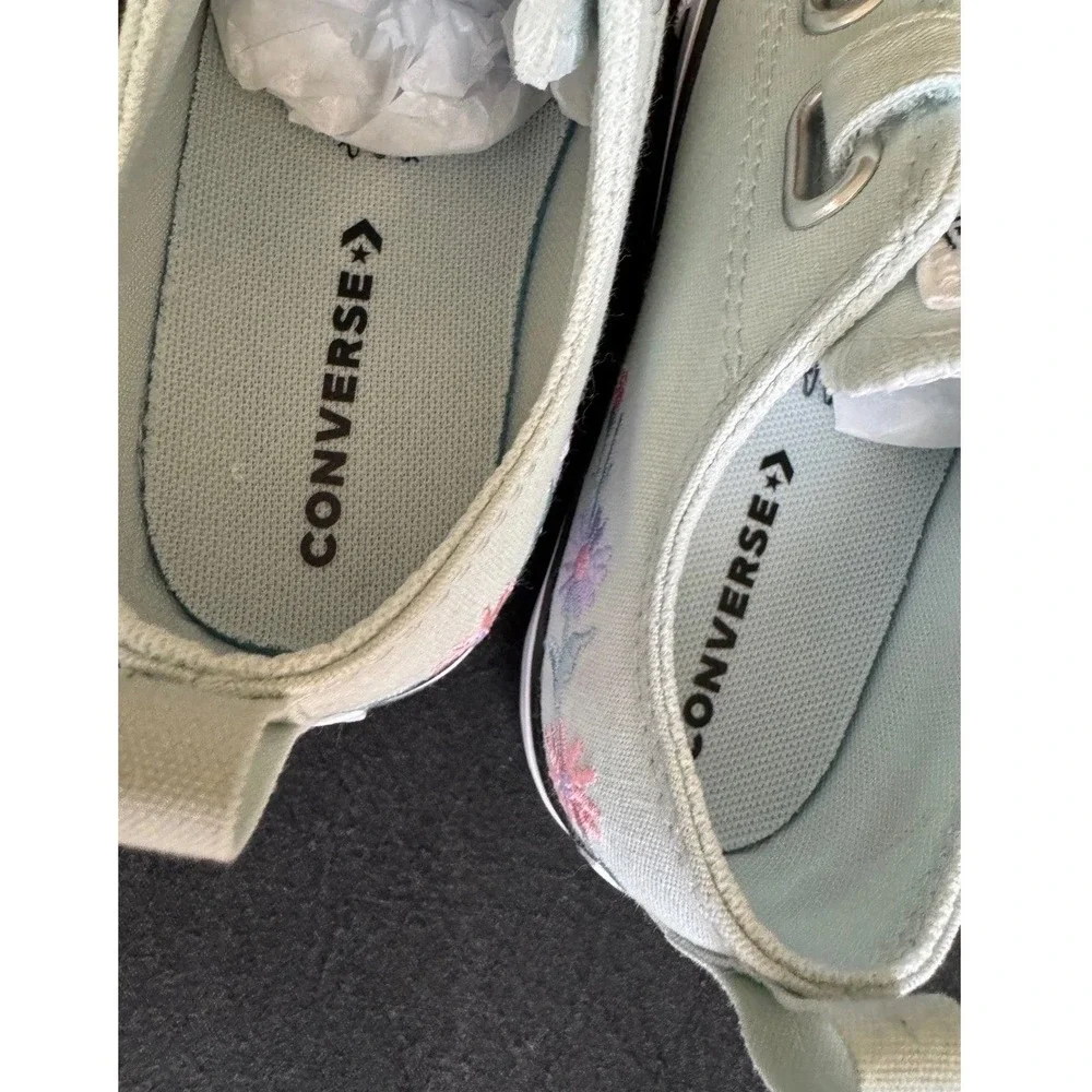 Converse All Star Infant 10 Mint Green Floral Embroidered Strap Sneakers NEW